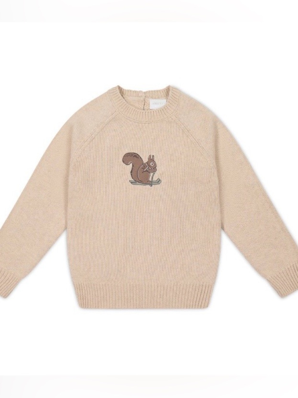 Jamie Kay | Ethan Oatmeal Knit Crewneck Sweater | Squirrel on Skis Appliqué